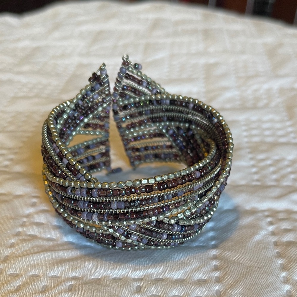 Beaded Multi-Row Wrap Bracelet - Iridescent Purple and Silver